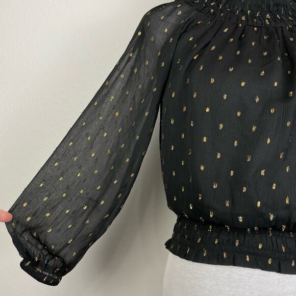 Ann Taylor | Black Chiffon Metallic Clip Smocked Ruffle Neck Top Career Blouse - Picture 11 of 13